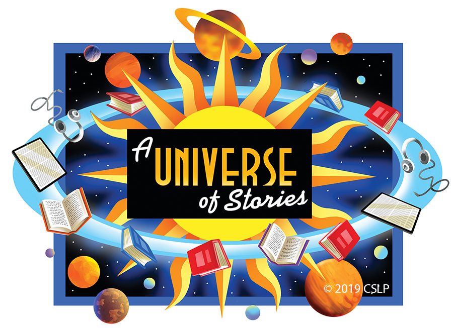 A Universe of Stories Theme graphic with planets and books