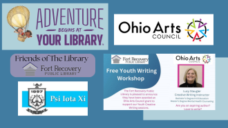 Summer Reading Program theme was Adventure Begins At Your Library. Includes Ohio Arts Council graphic, Psi Iota Xi graphic, Friends of the Library graphic and writing workshop graphic