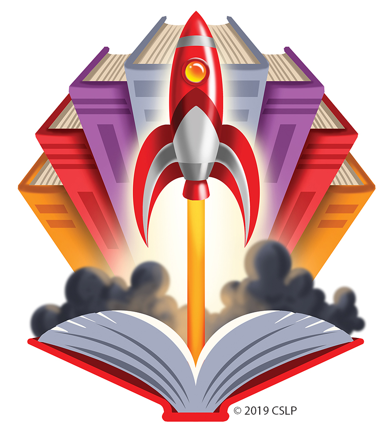 cartoon rocket shooting out of books