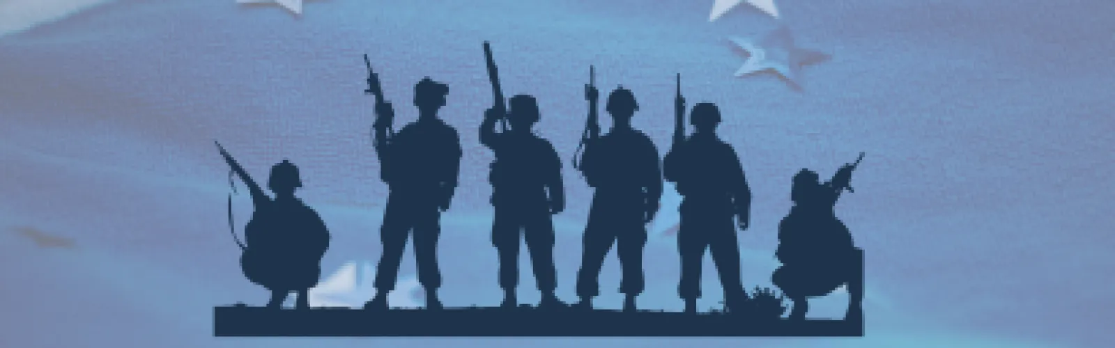  a silhouette of soldiers with a blue flag background